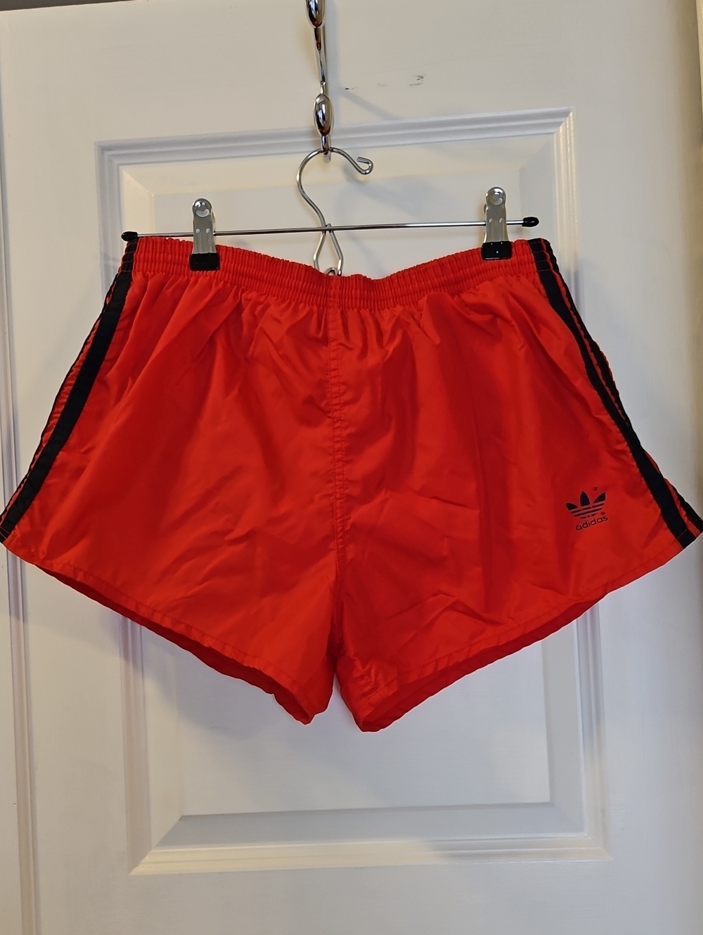 Vintage Adidas Red Athletic Shorts with Blue Stripes